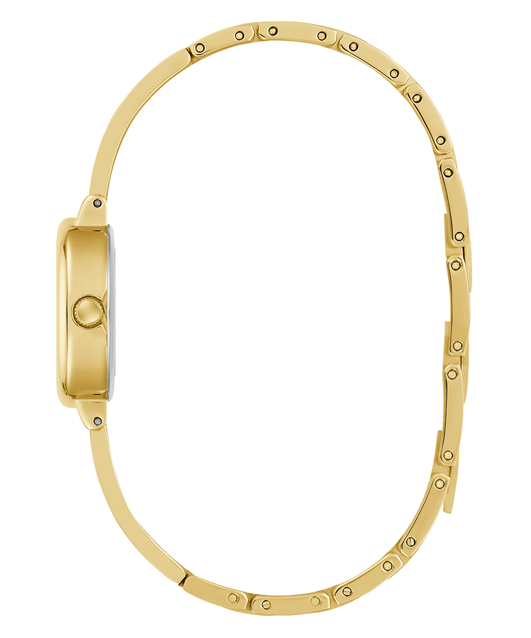Gold watch with a white face on a white background