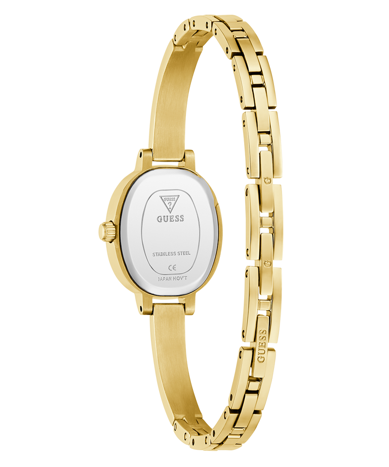 Gold watch casenback with visible brand logo on a white background