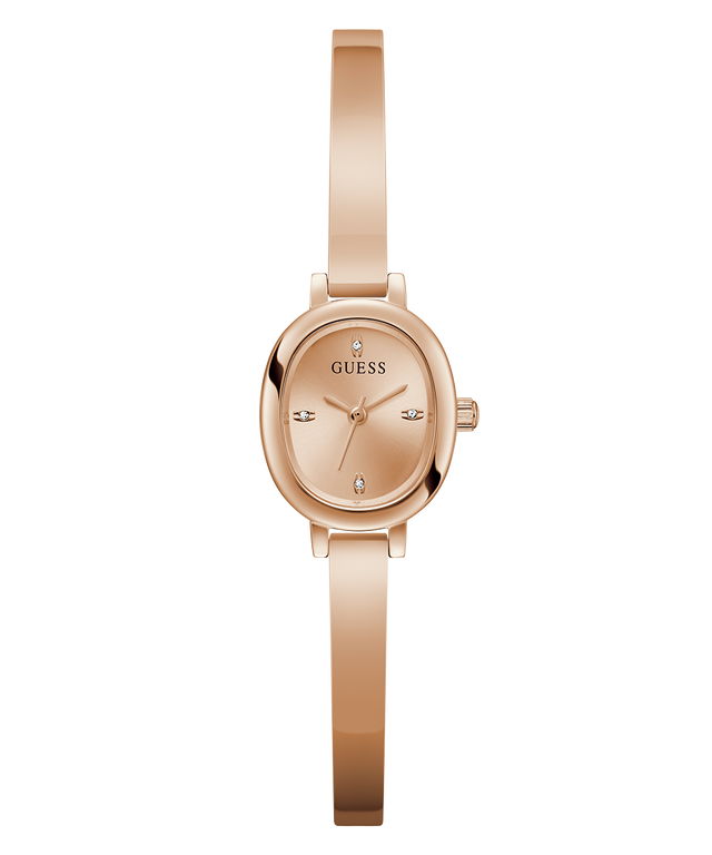 Rose gold GUESS Ladies Rose Gold Tone Analog Watch with a visible brand logo on a white background