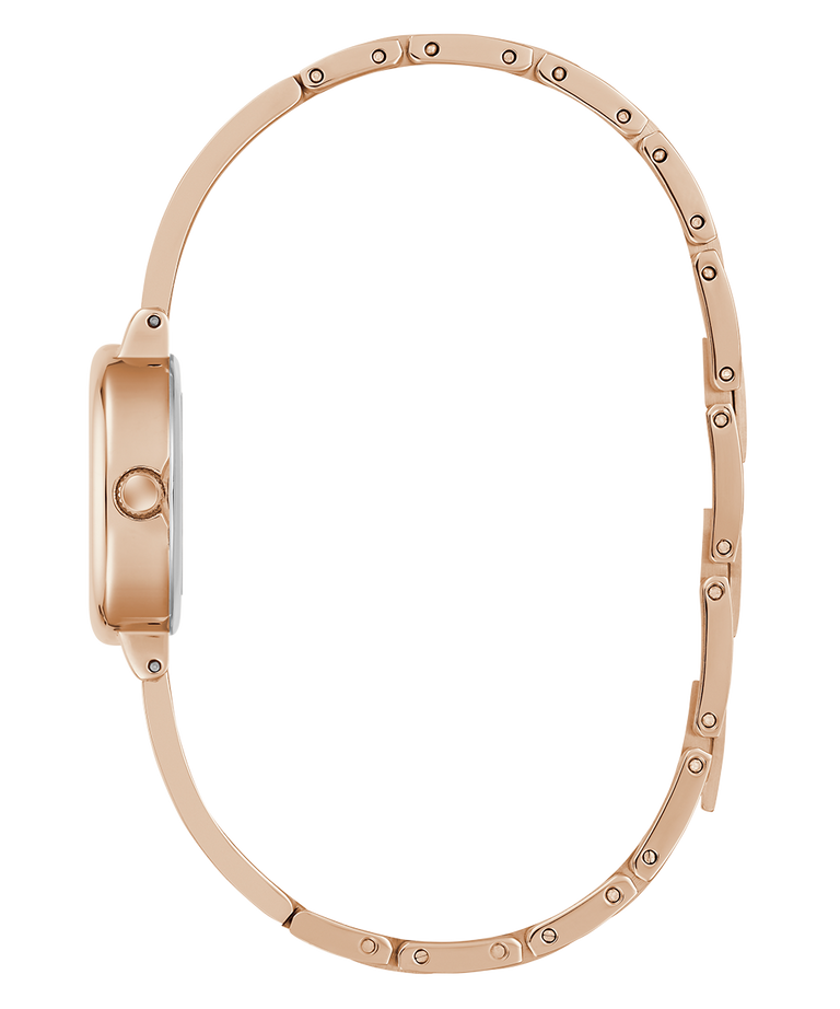 Rose gold GUESS Ladies Rose Gold Tone Analog Watch case on a white background