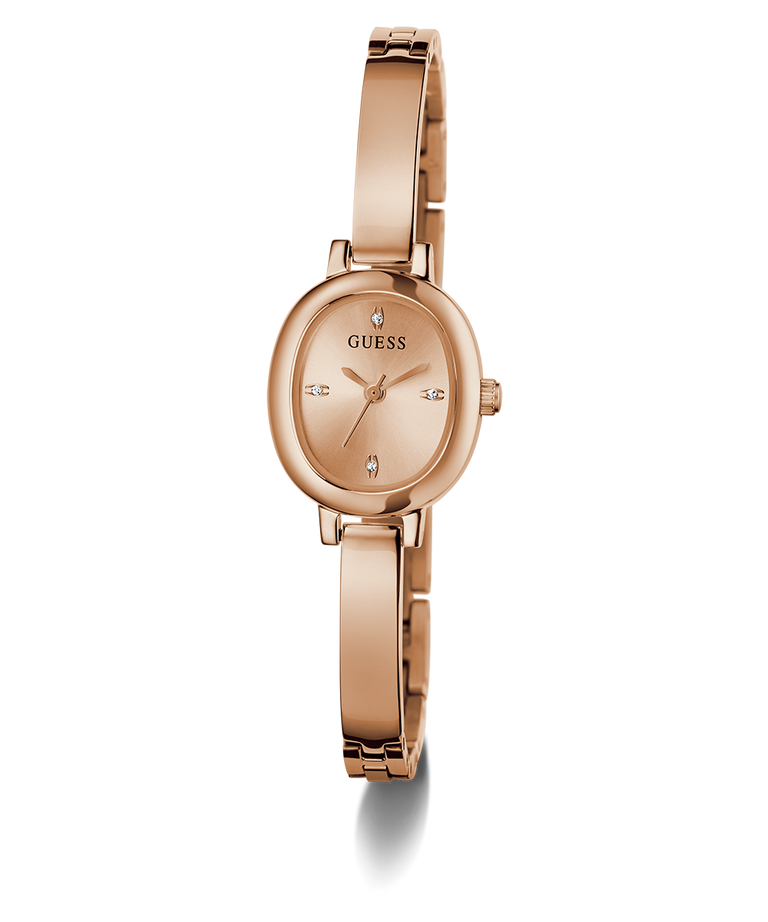 GUESS Ladies Rose Gold Tone Analog Watch with a visible brand logo on a white background