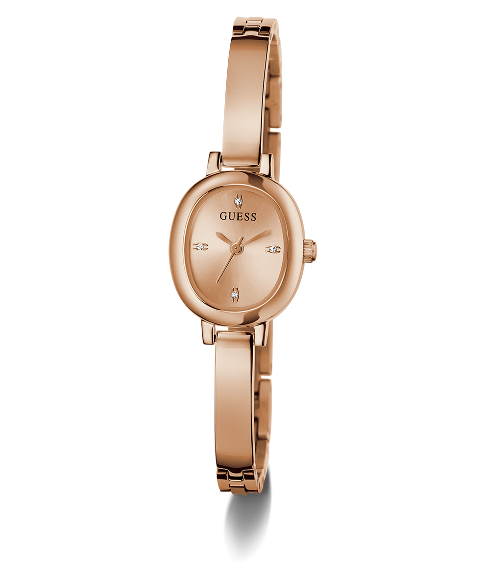 GUESS Ladies Rose Gold Tone Analog Watch with a visible brand logo on a white background