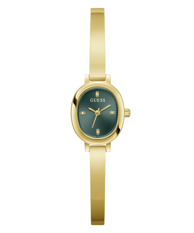 A gold-tone women's wristwatch with a slim bangle-style strap, an oval case, and a dark green dial featuring the GUESS logo and small hour markers.