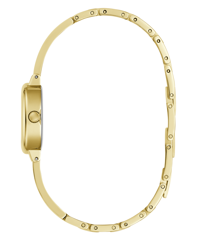 A gold-tone watch with a multi-link bracelet, shown from a side profile view against a solid white background.