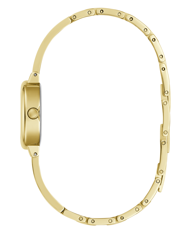 A gold-tone watch with a multi-link bracelet, shown from a side profile view against a solid white background.