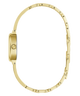 A gold-tone watch with a multi-link bracelet, shown from a side profile view against a solid white background.