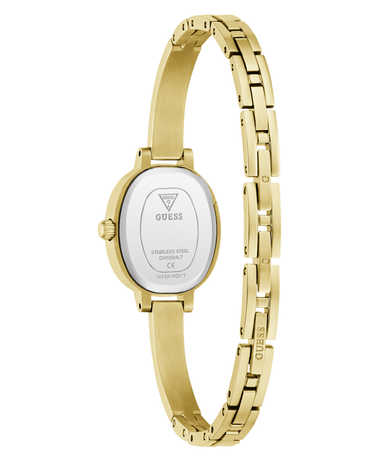 Gold-tone stainless steel women's watch shown from the back, featuring an oval case and a linked metal bracelet on a plain white background.