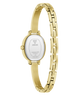 Gold-tone stainless steel women's watch shown from the back, featuring an oval case and a linked metal bracelet on a plain white background.