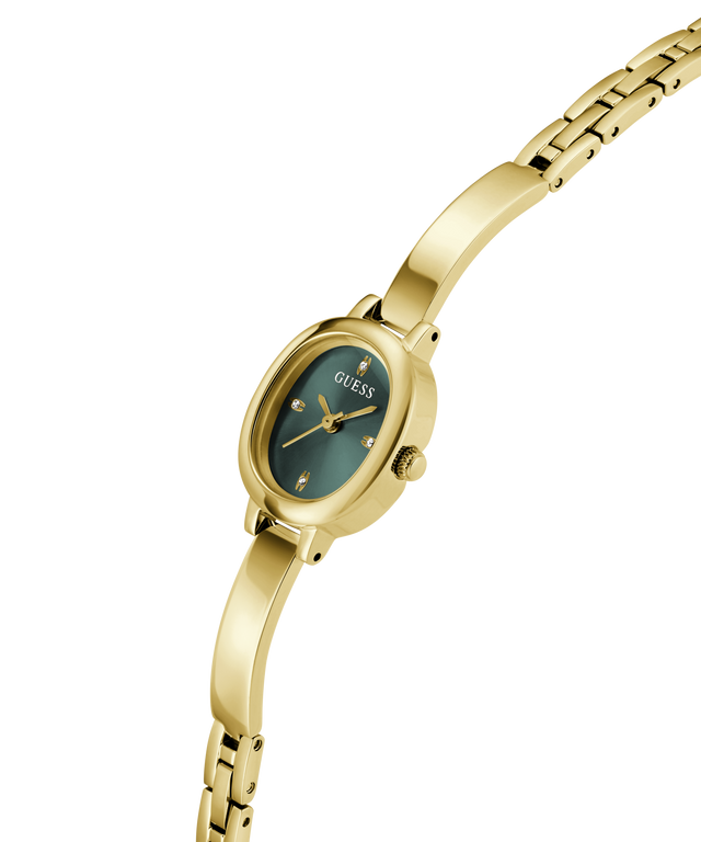 A gold-tone women's watch with an oval-shaped gold case and a dark green dial, featuring gold hands and crystal hour markers, shown on a clean white background. lifestyle