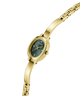 A gold-tone women's watch with an oval-shaped gold case and a dark green dial, featuring gold hands and crystal hour markers, shown on a clean white background. lifestyle