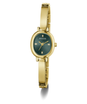 A gold-tone women's bangle watch by Guess with an oval green dial and matching green bezel, shown on a clean white background.