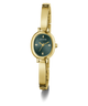 A gold-tone women's bangle watch by Guess with an oval green dial and matching green bezel, shown on a clean white background.
