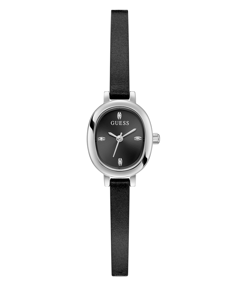 Black GUESS Ladies Black Silver Tone Analog Watch with a silver case on a white background