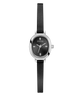 Black GUESS Ladies Black Silver Tone Analog Watch with a silver case on a white background