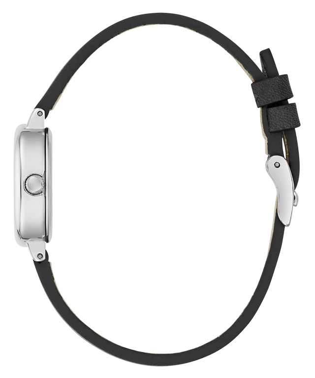 Black leather strap with silver clasp on a white background