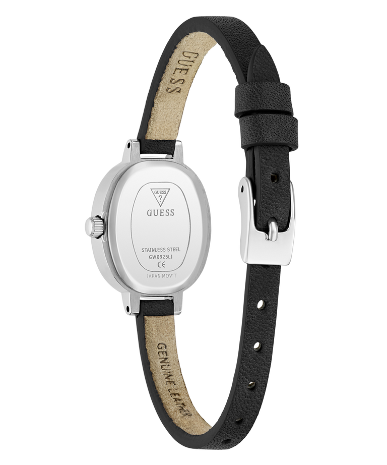 Guess GUESS Ladies Black Silver Tone Analog Watch with black strap and silver case on a white background