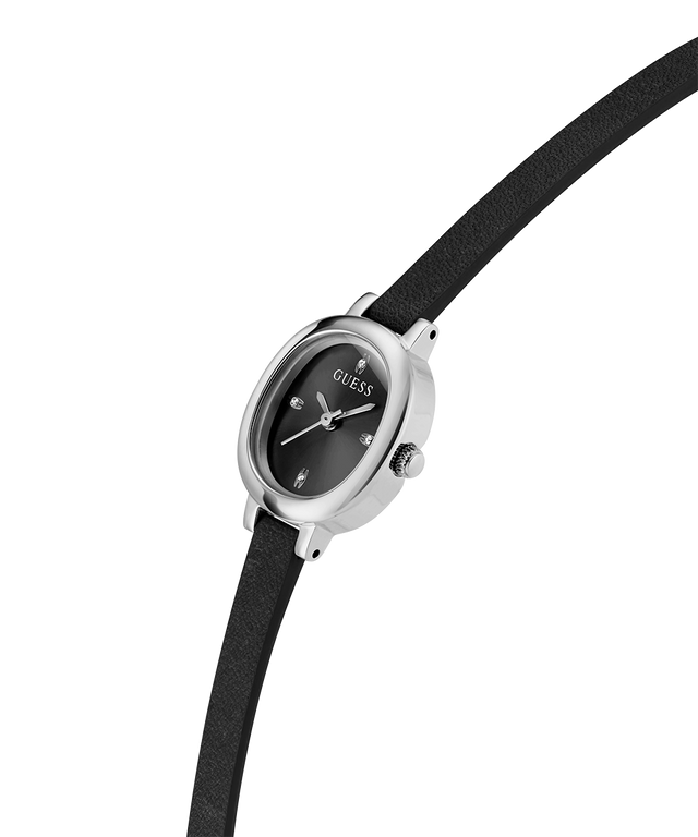 GUESS Ladies Black Silver Tone Analog Watch with silver case on a white background lifestyle