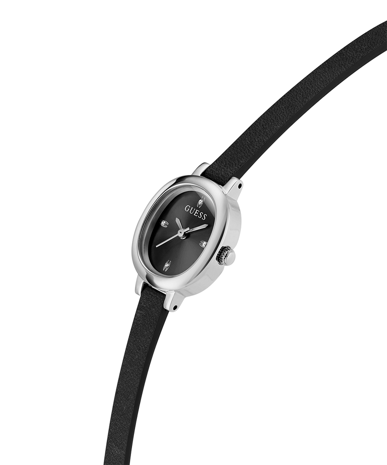 GUESS Ladies Black Silver Tone Analog Watch with silver case on a white background lifestyle