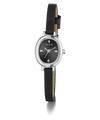 GUESS Ladies Black Silver Tone Analog Watch with black strap and face on a white background