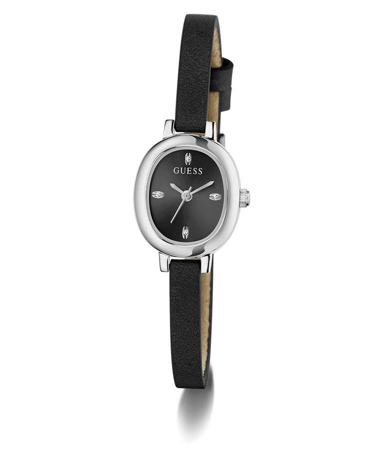 GUESS Ladies Black Silver Tone Analog Watch with black strap and face on a white background