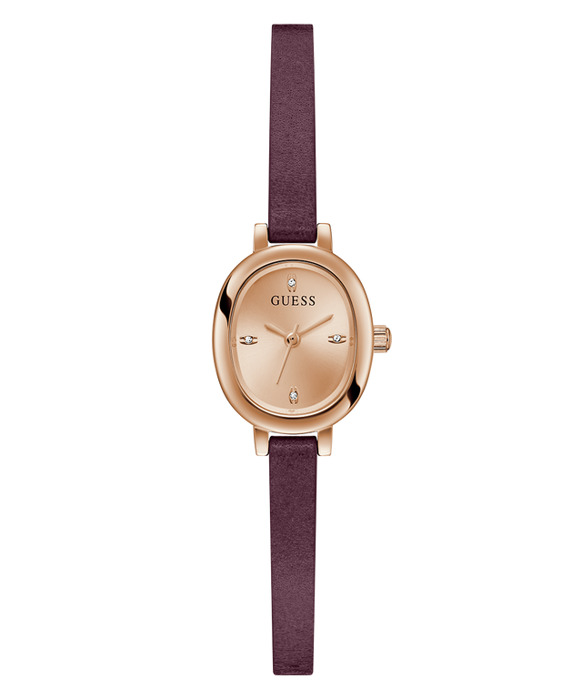 GUESS Ladies Red Rose Gold Tone Analog Watch with a burgundy strap on a white background