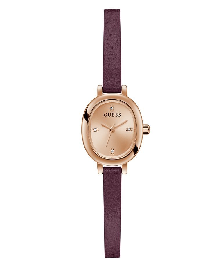 GUESS Ladies Red Rose Gold Tone Analog Watch with a burgundy strap on a white background