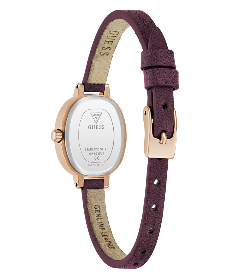 GUESS Ladies Red Rose Gold Tone Analog Watch caseback with purple strap on a white background