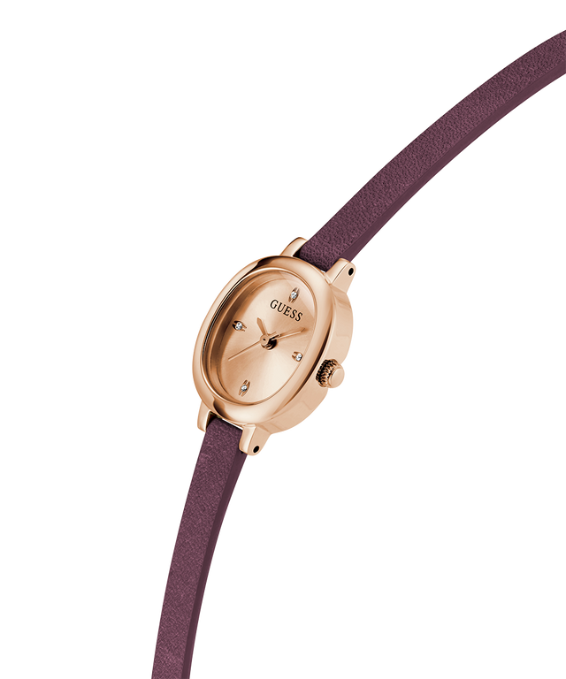 GUESS Ladies Red Rose Gold Tone Analog Watch with a purple strap on a white background lifestyle