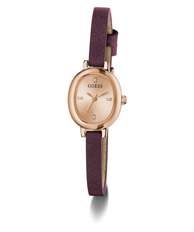 GUESS Ladies Red Rose Gold Tone Analog Watch with rose gold case and purple strap on a white background