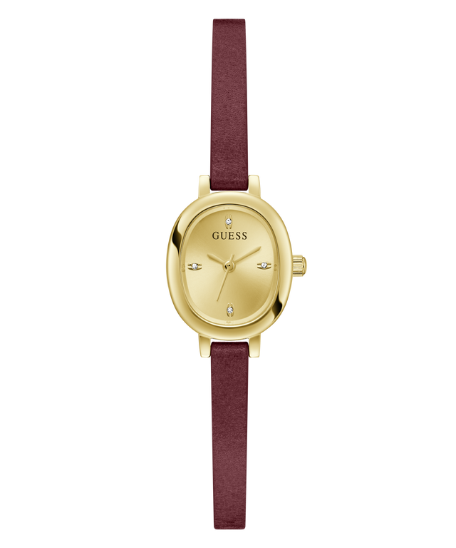 A GUESS women's watch featuring an oval gold-tone case, a matching gold-tone dial with crystal hour markers, and a dark burgundy faux-leather strap, shown against a plain white background.