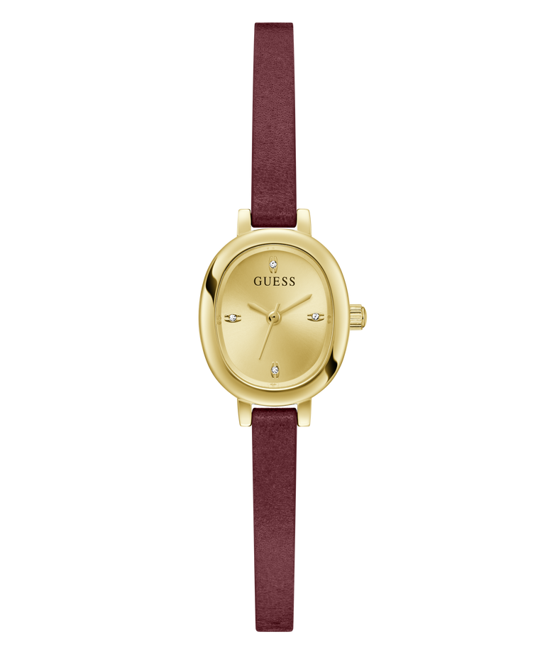 A GUESS women's watch featuring an oval gold-tone case, a matching gold-tone dial with crystal hour markers, and a dark burgundy faux-leather strap, shown against a plain white background.