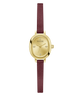 A GUESS women's watch featuring an oval gold-tone case, a matching gold-tone dial with crystal hour markers, and a dark burgundy faux-leather strap, shown against a plain white background.