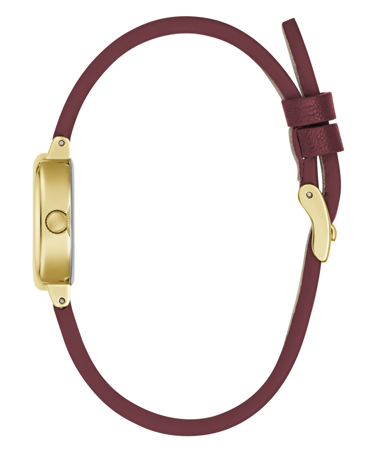 A minimalist watch with a slim burgundy leather strap and a gold-tone rectangular case, shown from a side profile view against a solid white background.