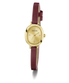 A GUESS women's watch featuring an oval gold-tone case, a gold dial with crystal hour markers, and a dark burgundy leather strap, shown against a plain white background.