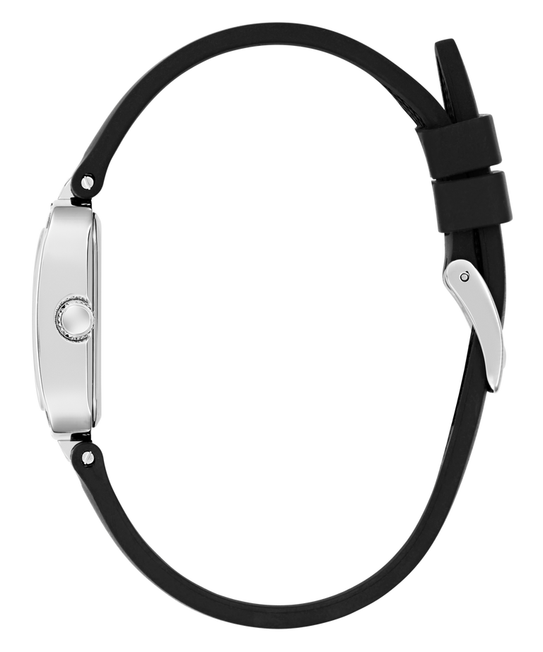 Watch with black strap and silver case on a white background
