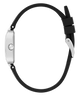 Watch with black strap and silver case on a white background