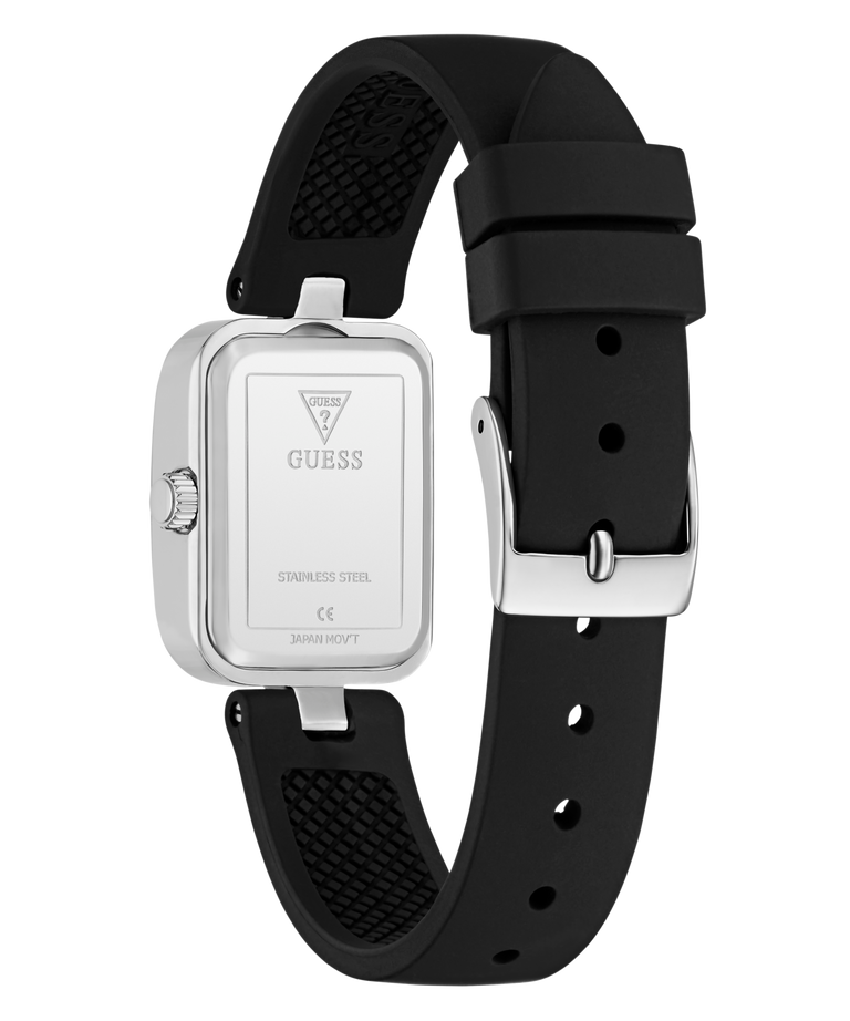 Black watch with a silver caseback and visible brand logo on a white background