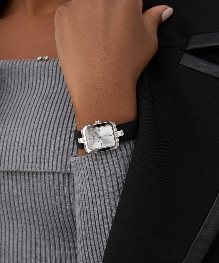 Person wearing a black watch with a gray sleeve and black jacket GW0926L1