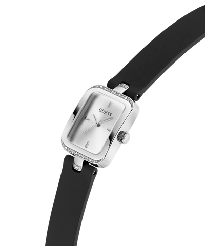Guess watch with black strap and silver case on a white background lifestyle