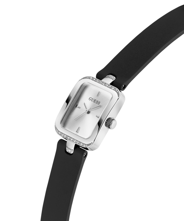 Guess watch with black strap and silver case on a white background lifestyle