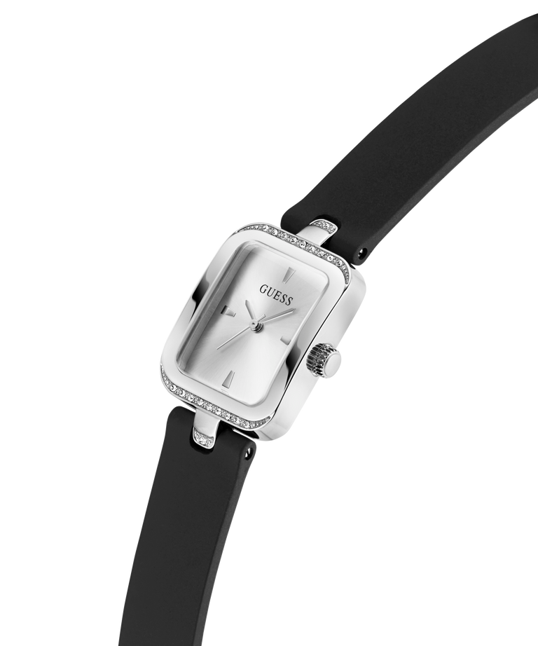 Guess watch with black strap and silver case on a white background lifestyle