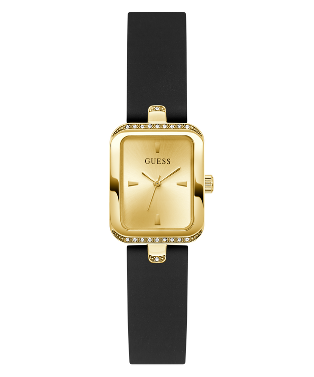 Gold watch with black strap on a white background