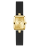Gold watch with black strap on a white background