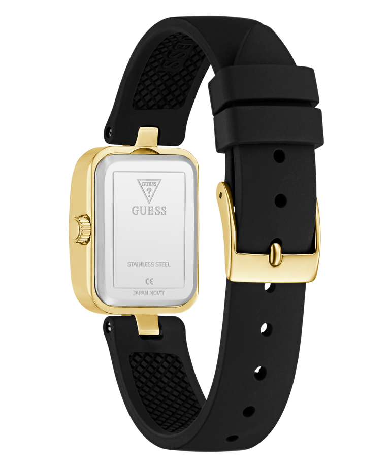 Black and gold watch with Guess logo on a white background