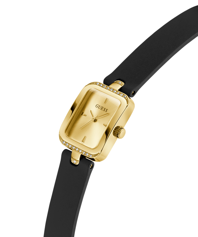 Gold watch with black strap on a white background lifestyle