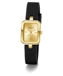 Gold Guess watch with black strap on a white background GW0926L2