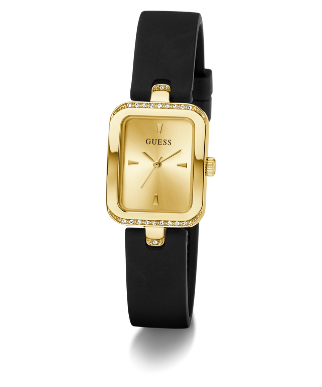 Gold Guess watch with black strap on a white background GW0926L2