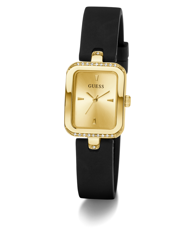 Gold Guess watch with black strap on a white background GW0926L2