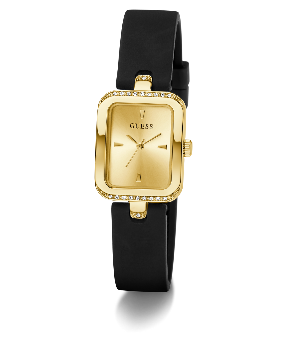Gold Guess watch with black strap on a white background GW0926L2