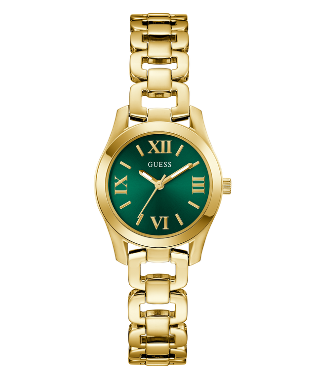 Gold GUESS Ladies Gold Tone Analog Watch with a green dial on a white background